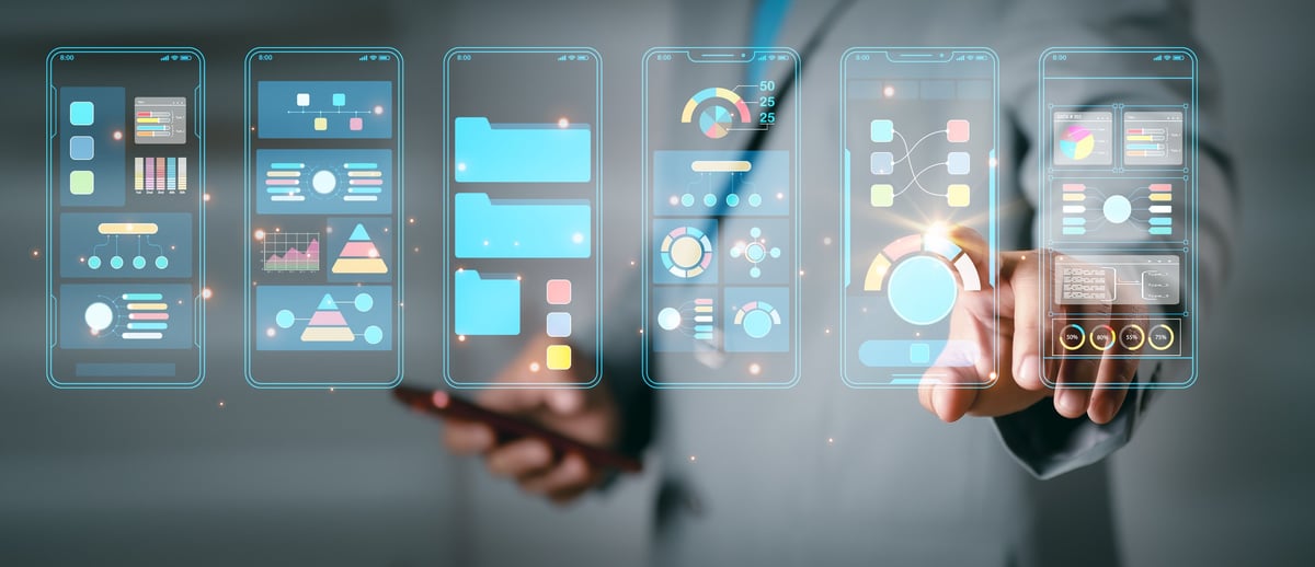 Mobile app interface designs showing wireframes and user experience prototypes
