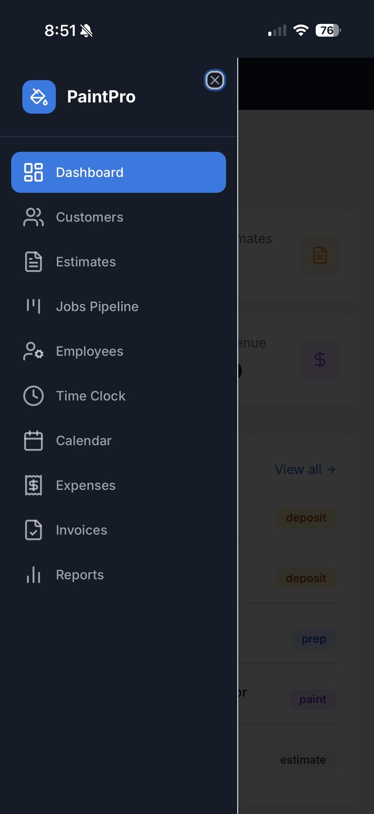 PaintPro app navigation menu showing Dashboard selected with menu options for Customers, Estimates, Jobs Pipeline, Employees, Time Clock, Calendar, Expenses, Invoices, and Reports