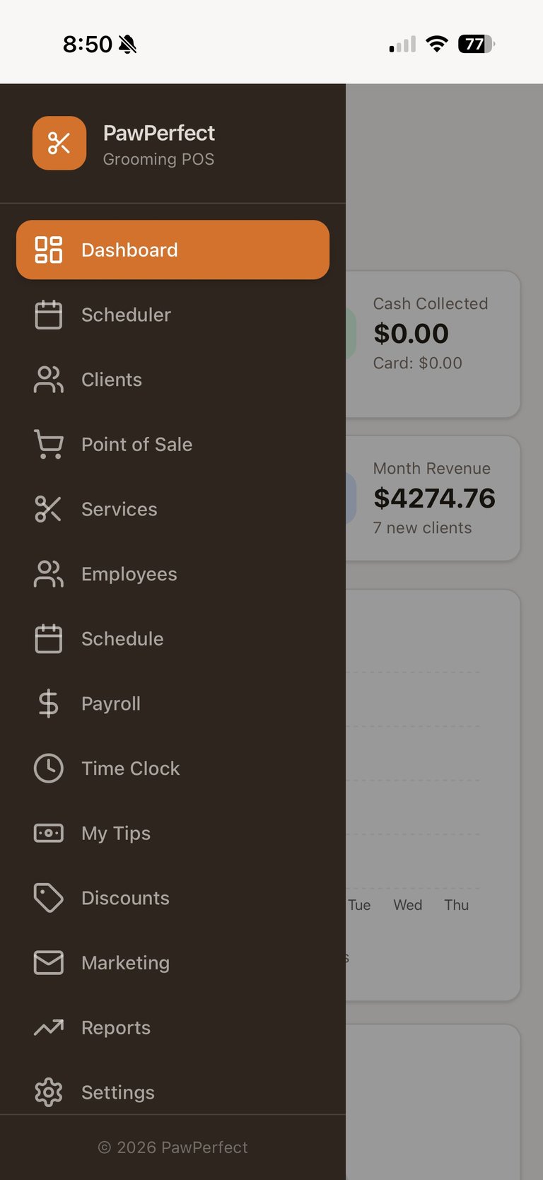 PawPerfect Grooming POS dashboard showing main menu with options like Scheduler, Clients, and Services, displaying $0.00 cash collected and $4274.76 monthly revenue