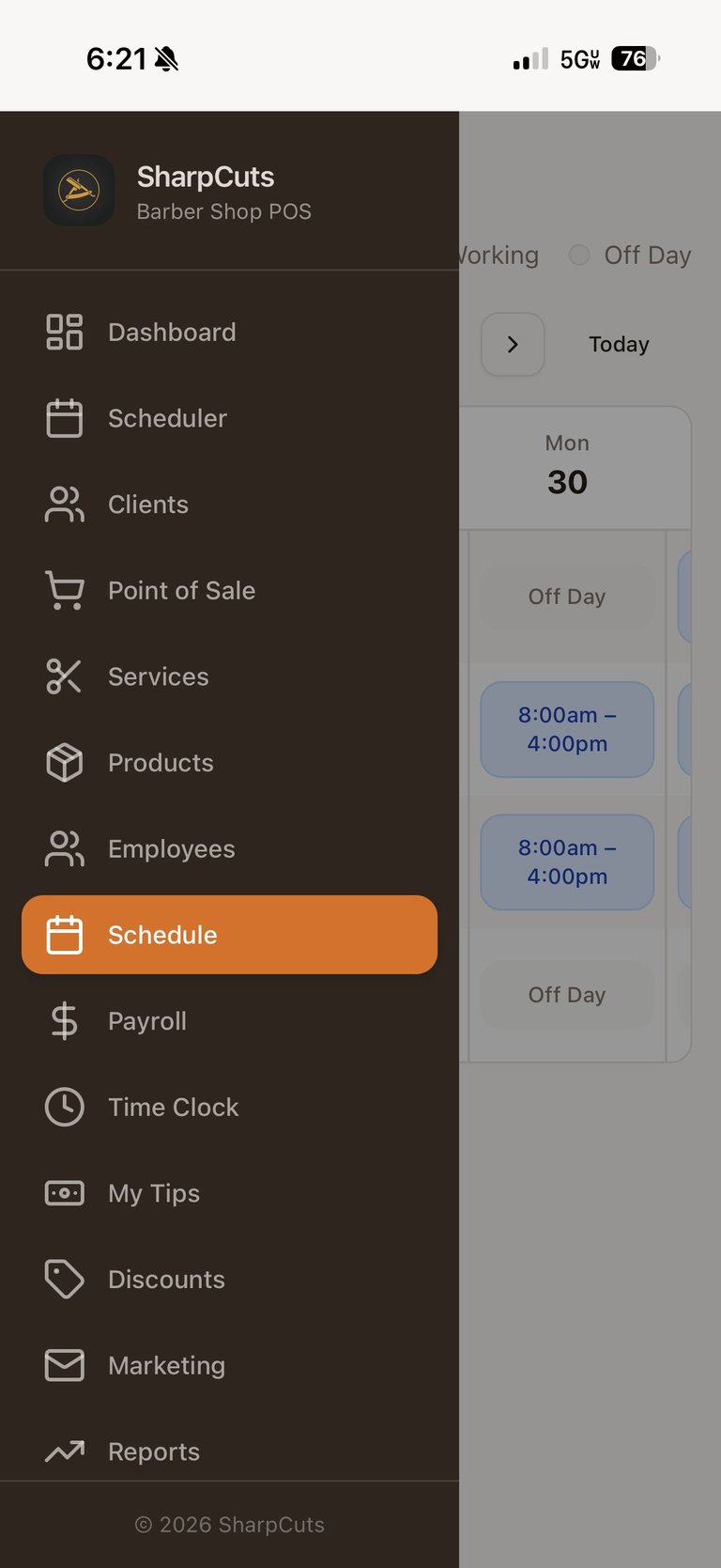 SharpCuts Barber Shop POS app menu showing schedule view with weekly hours and working status indicator
