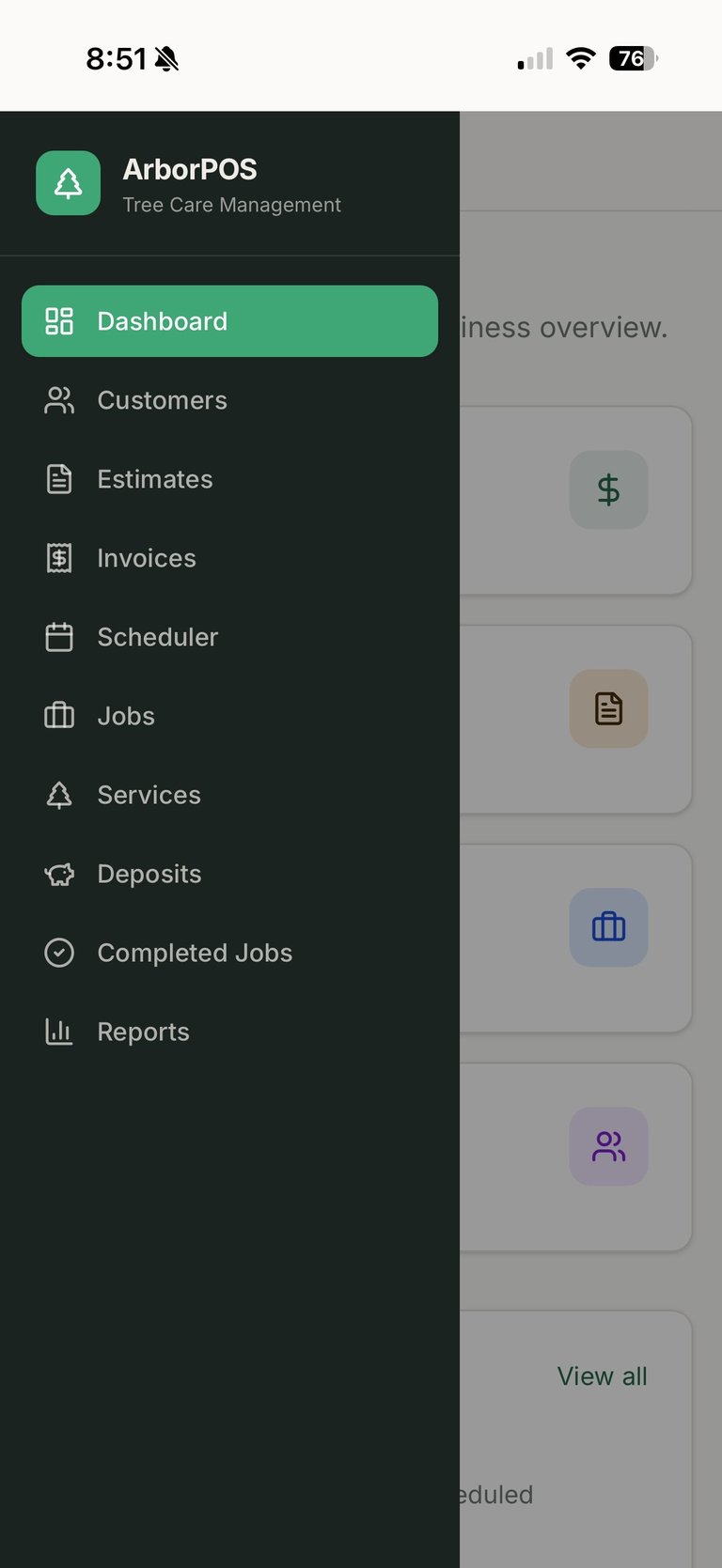ArborPOS app menu showing navigation options including Dashboard, Customers, Estimates, Invoices, Scheduler, Jobs, Services, Deposits, Completed Jobs, and Reports