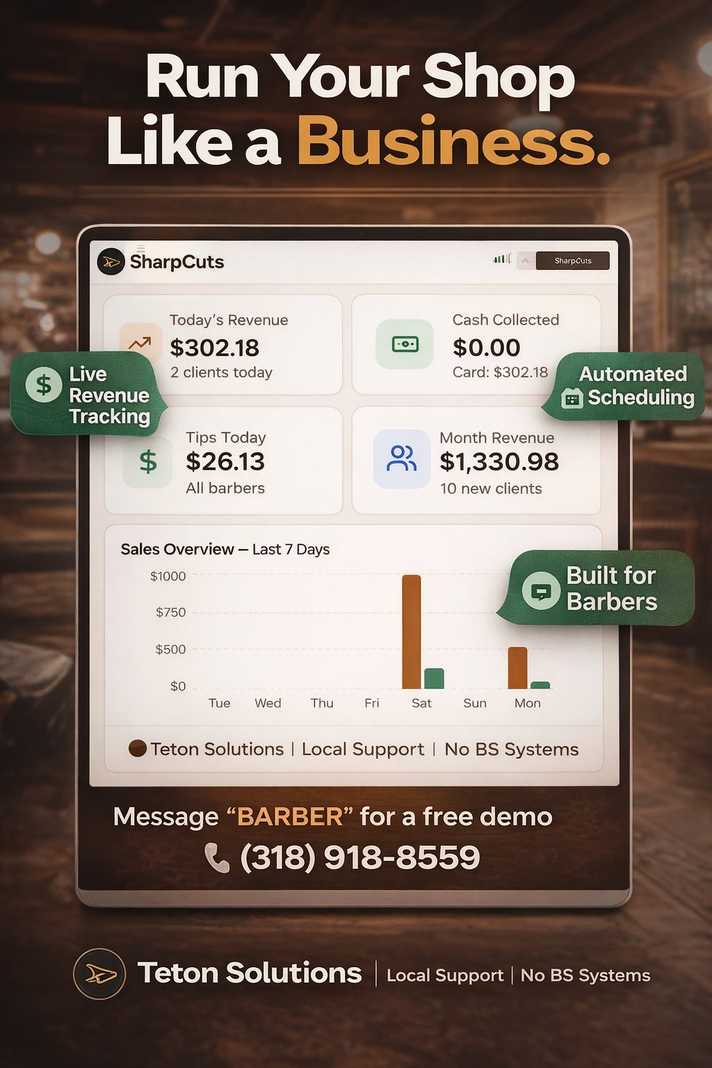 SharpCuts POS dashboard showing barbershop revenue tracking and management