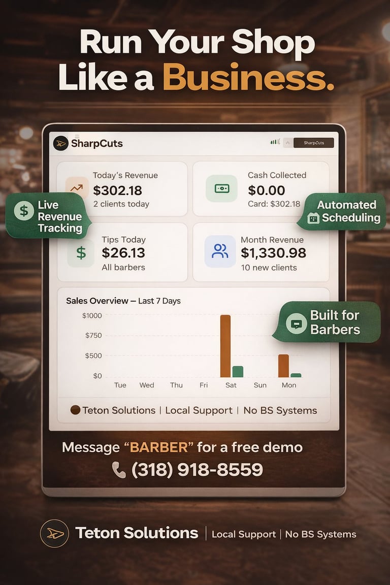 SharpCuts barber shop management app dashboard showing revenue tracking, cash collection, and sales overview with contact info for Teton Solutions demo