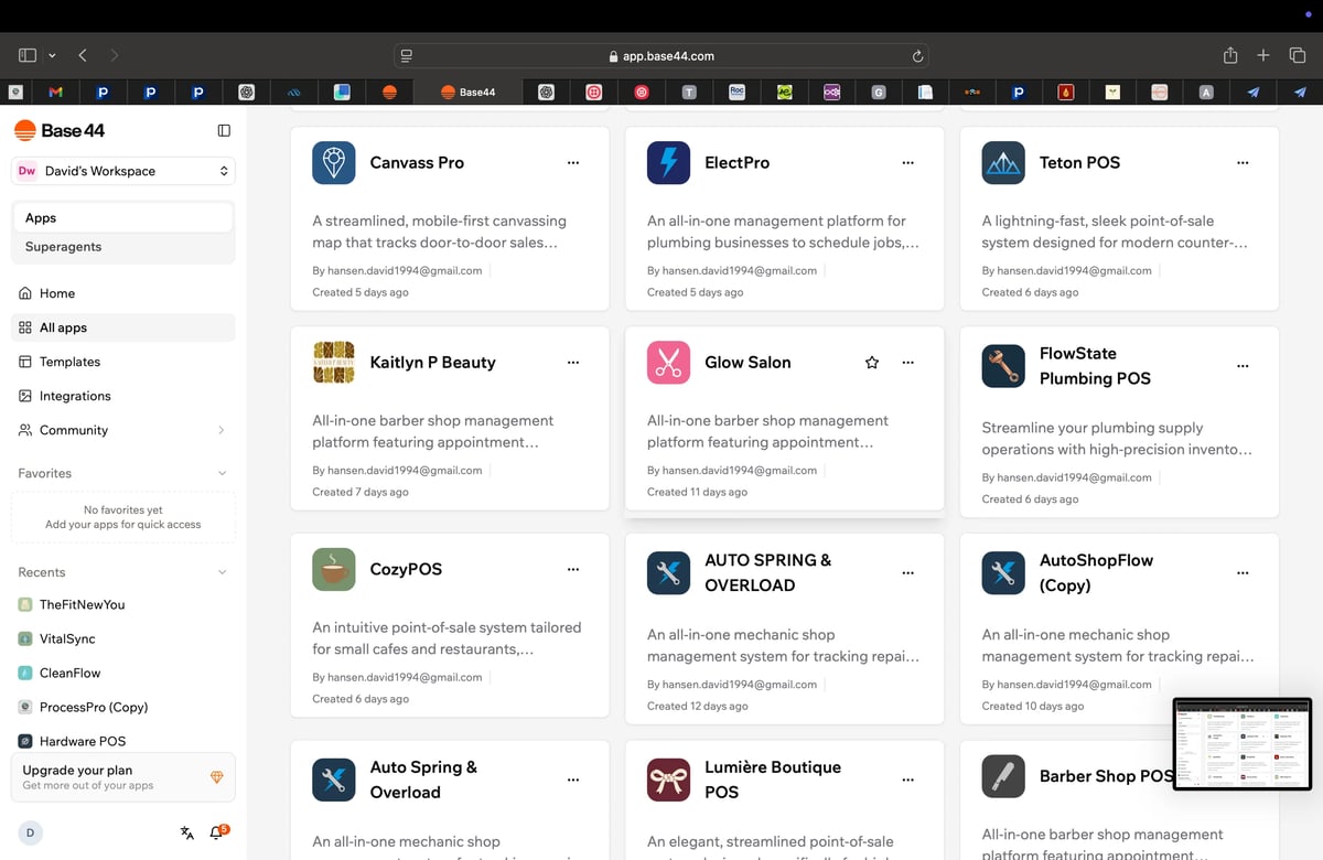 Grid of app icons and descriptions for Canvas Pro, ElexPro, Salon POS, and other business software tools