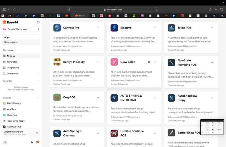 Grid of Canvas Pro, ElexPro, Salon POS and business software apps